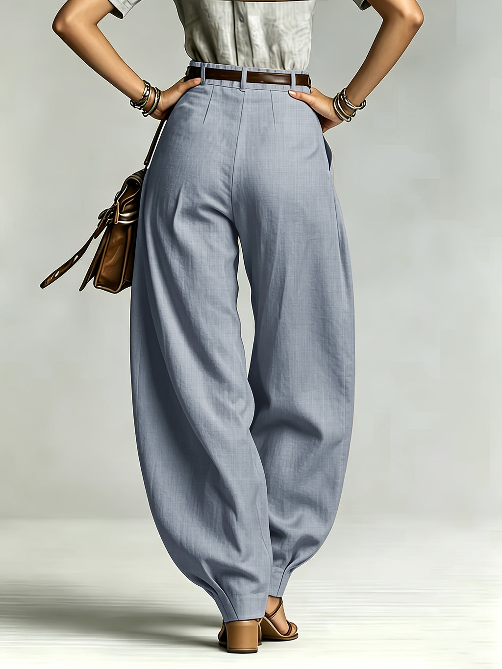 Commuter Fashion Solid Color Pocket Loose Women'S High-Waist Slim Trousers - Grey