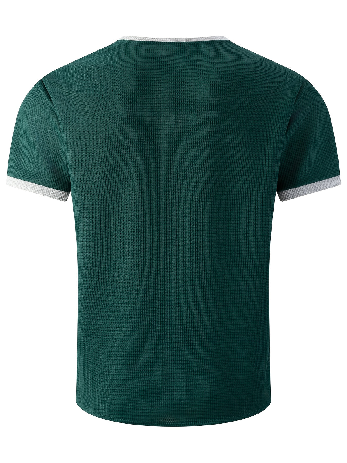 Men'S Solid Waffle Knit V-Neck Tee, Contrast Edge Short Sleeve Casual Daily T-Shirt - Dark Green