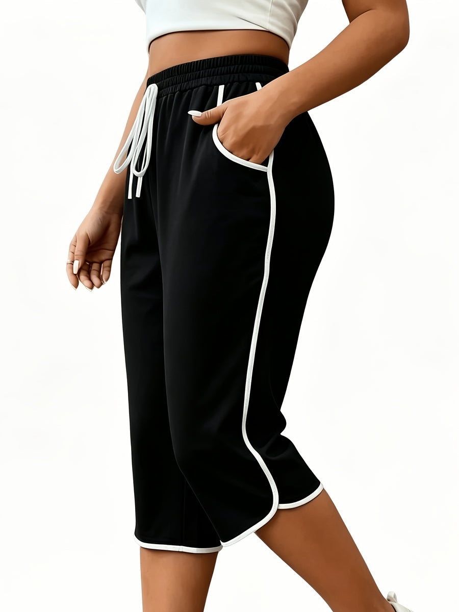 3pcs Drawstring Capri Pants, High-Waist Elastic Drawstring Waistband, Side Contrast White Thread Trim Design, Loose Capri Fit Comfortable And Breathable, Women'S Casual Trousers - Black + Navy Blue + Khaki