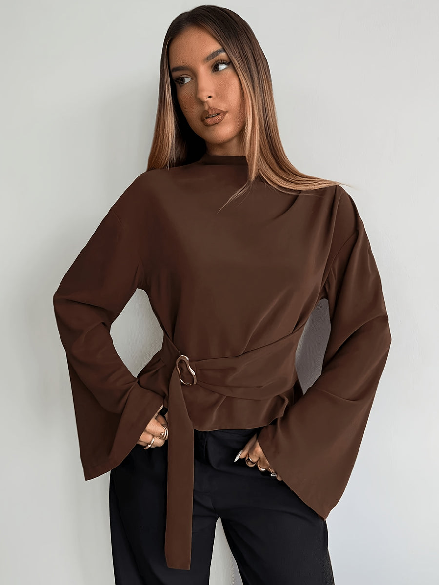 Women's Flared Sleeve Blouse, Suitable for Daily Business Commutes and Office Wear, Solid Color Shirt with Metal Buttons, Basic Top, Vintage Style, Elegant Women's Blouse - Coffee Color