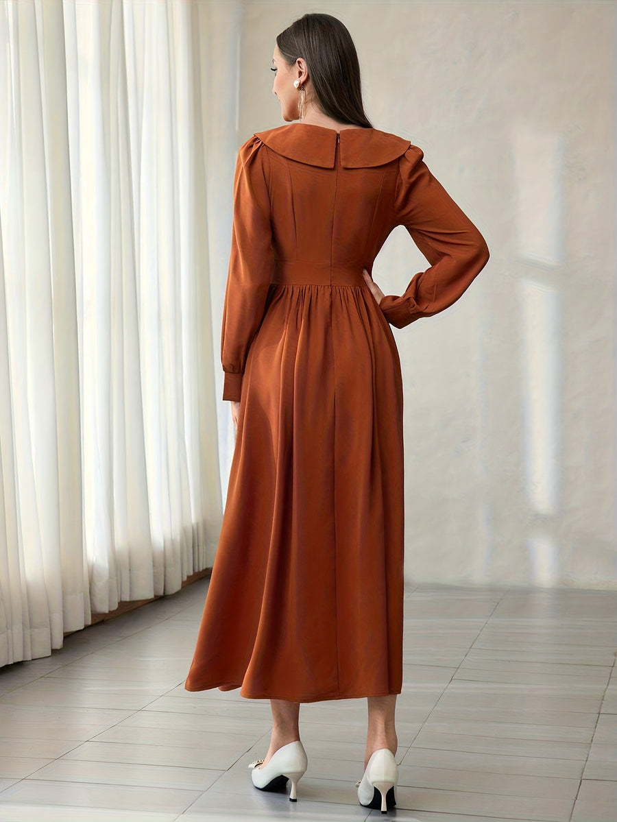 Vintage Lapel Heavy Craft Embroidered Long Sleeve Dress - Orange-Red