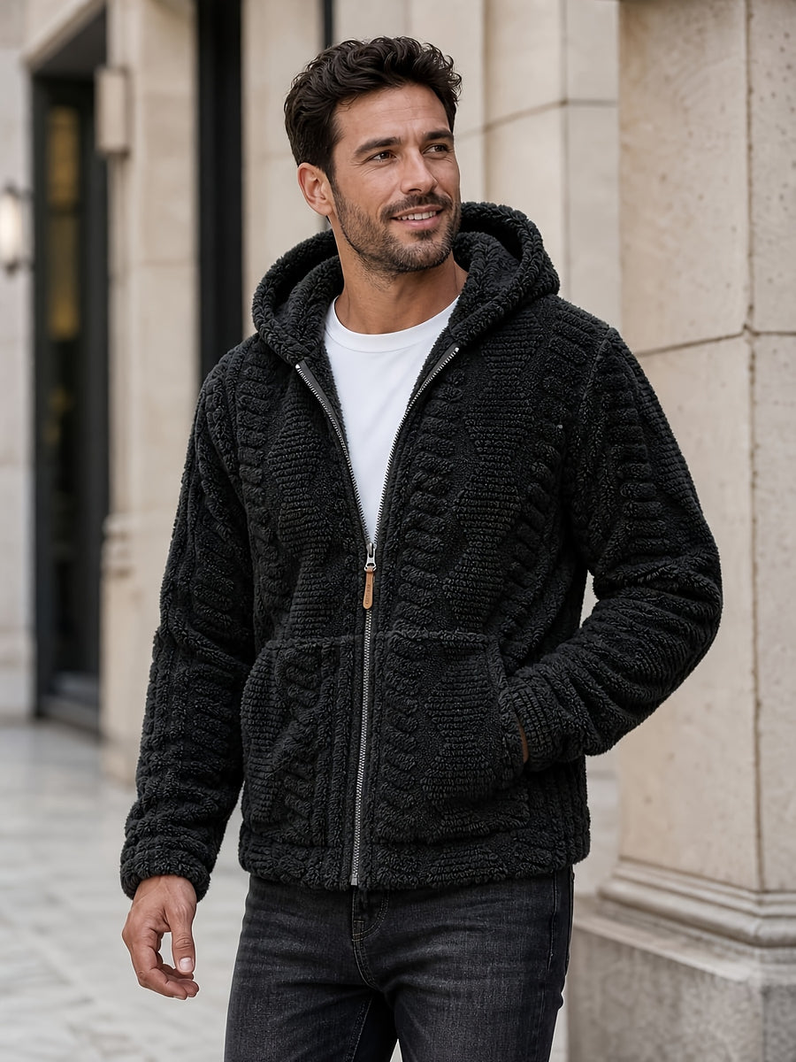 Men'S Plush Fleece Hooded Jacket, Full-Zip Long Sleeve Outerwear with Hand Pockets, Elastic Cuffs And Hem, Solid Color Textured Casual Jacket for Fall/Winter Daily Wear, Travel And Outdoor Activities - Black