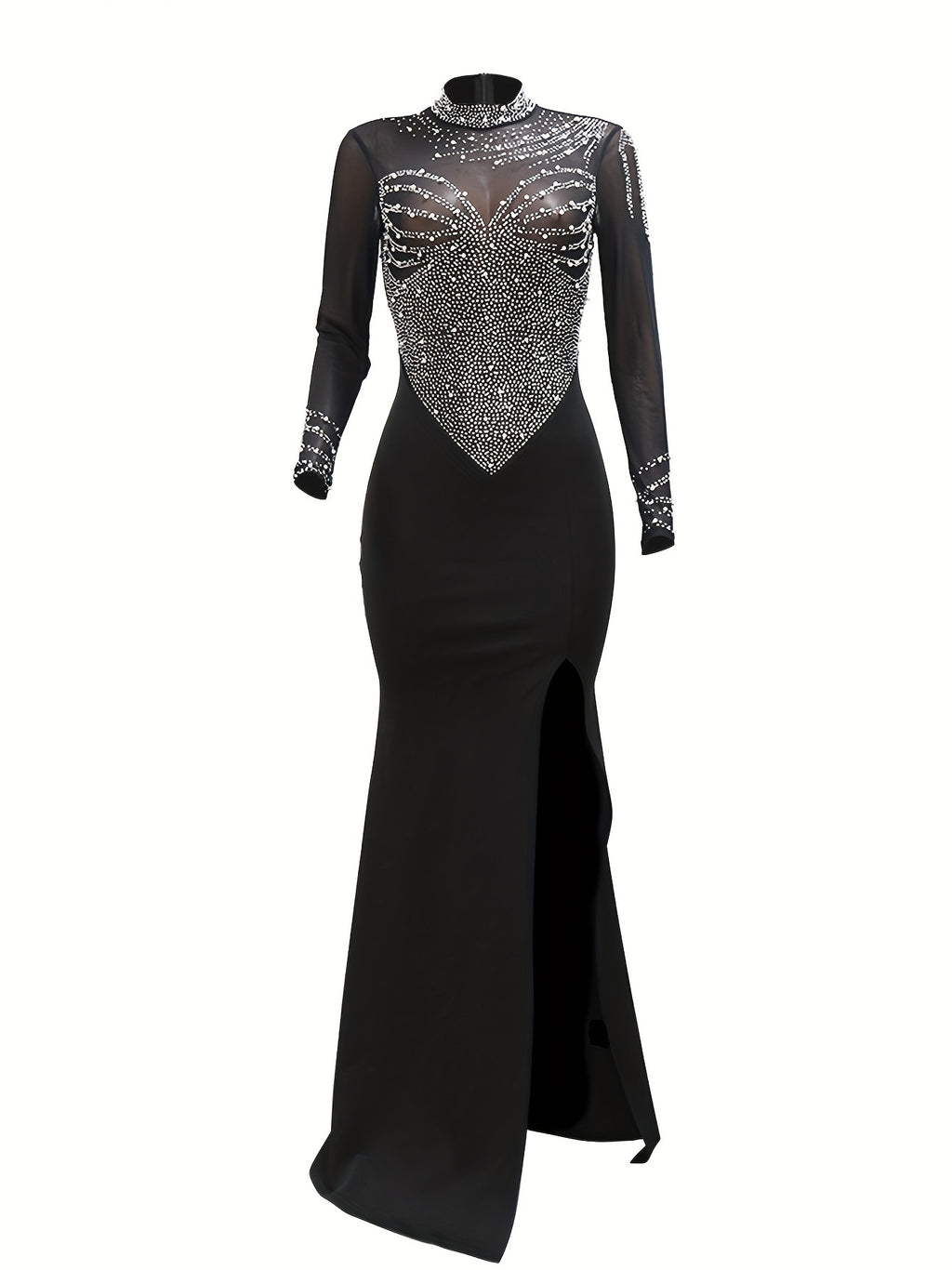 Fashion Women's Solid Color Mesh Sequin Slit Maxi Dress - Black