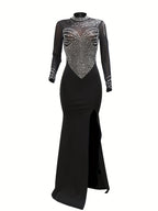 Fashion Women's Solid Color Mesh Sequin Slit Maxi Dress - Black