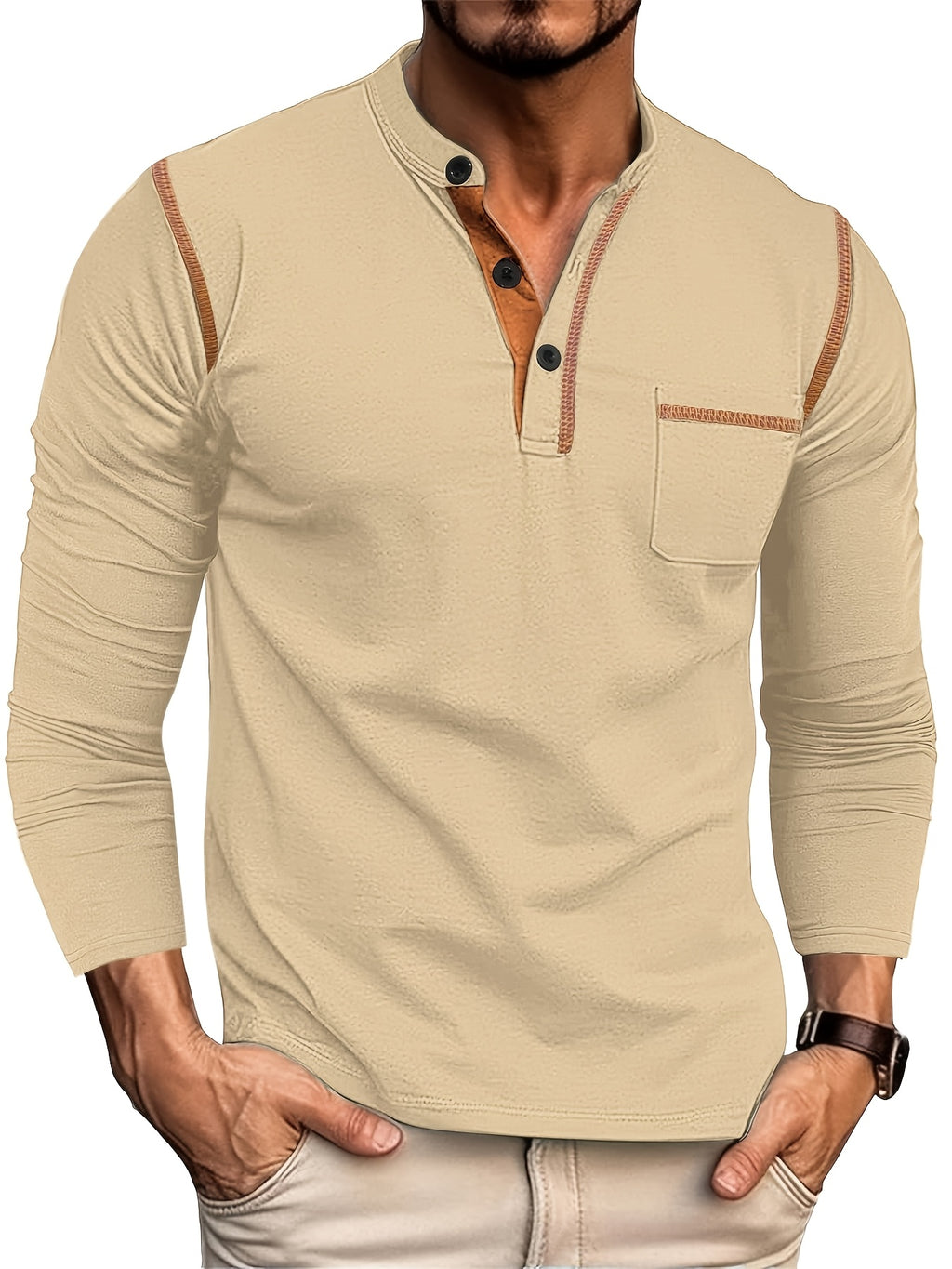 3pcs Men'S Henley Long Sleeve T-Shirt Set, Spring/Autumn New Color-Block Decorative Pocket Top, Half-Button Casual Shirt, Skin-Friendly Breathable Lightweight Fabric, Comfortable Stretch, Multi-Color Combination, Casual All-Match - Khaki+Army Green+Wine Red