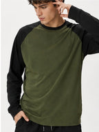Men'S Long Sleeve Round Neck T-Shirt, a Versatile Color-Block Pullover Top, Men'S Work And T-Shirt, Men'S Top, Casual Work Scene Wear, Applicable for Work Scenes - Black Sleeves + Army Green