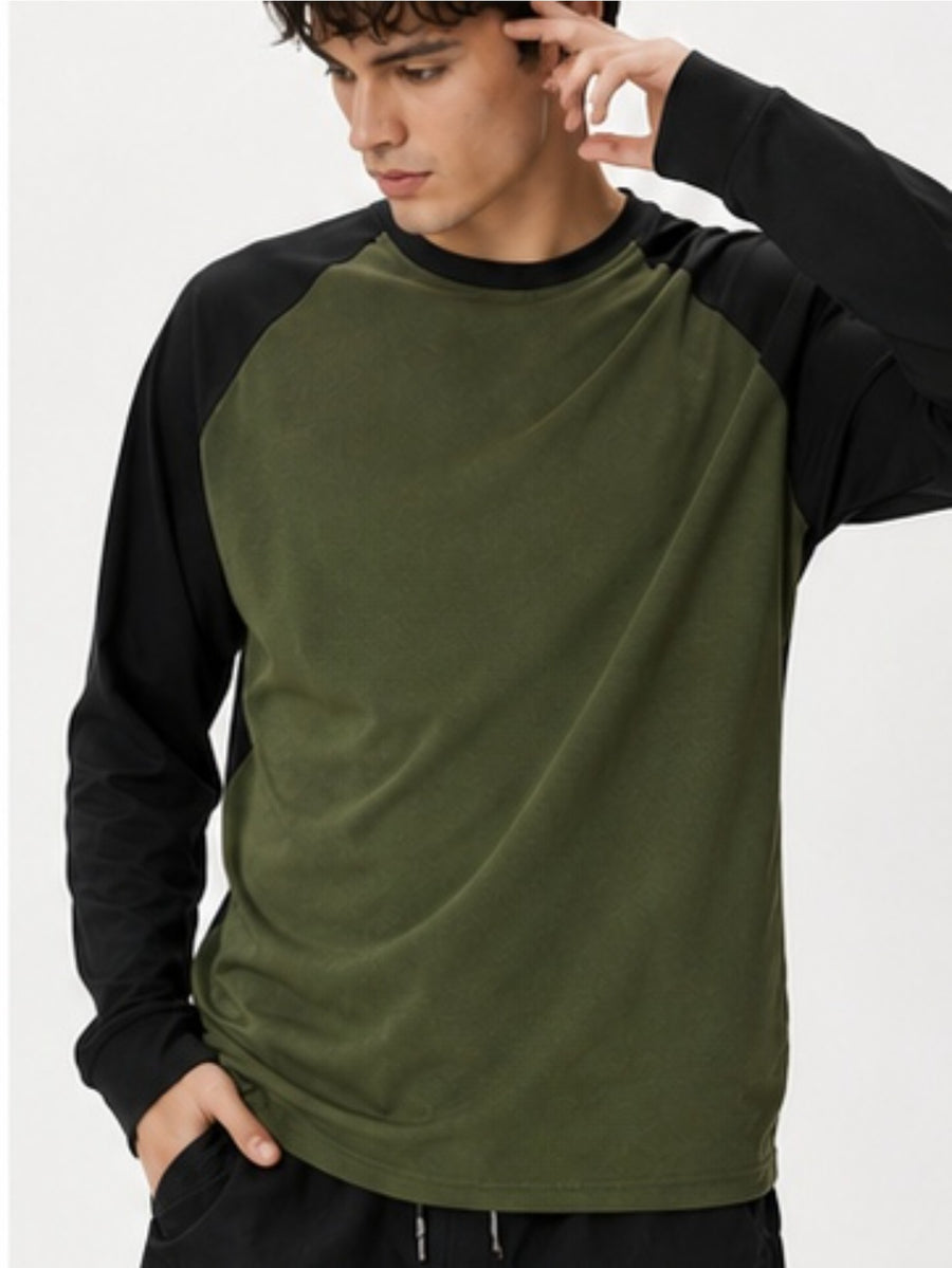 Men'S Long Sleeve Round Neck T-Shirt, a Versatile Color-Block Pullover Top, Men'S Work And T-Shirt, Men'S Top, Casual Work Scene Wear, Applicable for Work Scenes - Black Sleeves + Army Green