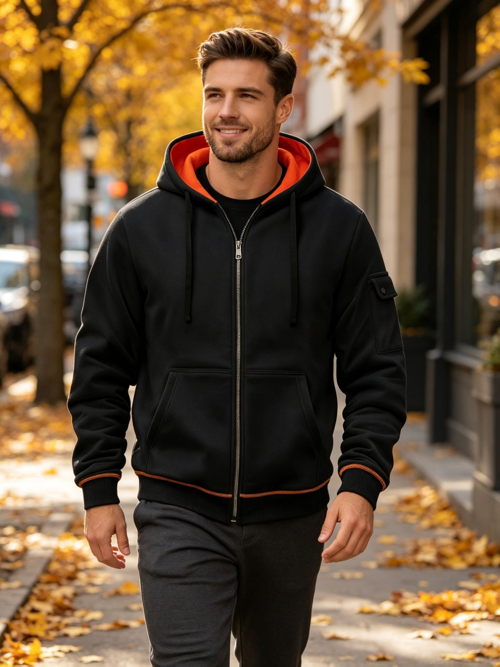 Hoodie, Men'S Fashion Color-Block Zip-Up Hoodie, Multi-Pocket Design Showcasing Individuality, Solid Casual Versatile Hoodie, Autumn/Winter Outerwear - Black