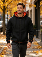 Hoodie, Men'S Fashion Color-Block Zip-Up Hoodie, Multi-Pocket Design Showcasing Individuality, Solid Casual Versatile Hoodie, Autumn/Winter Outerwear - Black