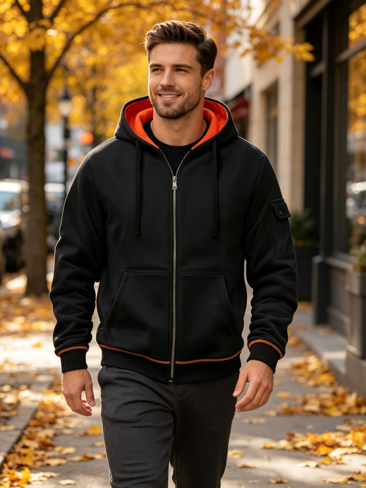 Hoodie, Men'S Fashion Color-Block Zip-Up Hoodie, Multi-Pocket Design Showcasing Individuality, Solid Casual Versatile Hoodie, Autumn/Winter Outerwear - Black