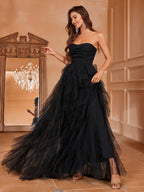 Romantic Strapless Wedding Dress, Bridal Gown with Tiered Ruffled Tulle Skirt And A-Line Cut - Perfect for Classic Weddings, Graduation Gowns, Evening Receptions, Birthday Women'S Attire - Black