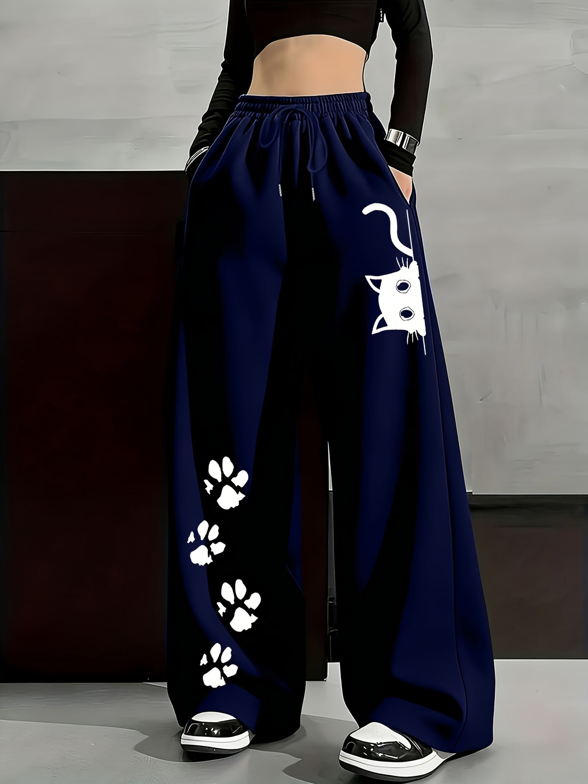 Women'S Fleece Trousers, Autumn and Winter Fashion Casual | Monochrome Tunic Trousers with Geometric Pattern, Casual Loose Sweatpants with Drawstring Detail - Navy Color