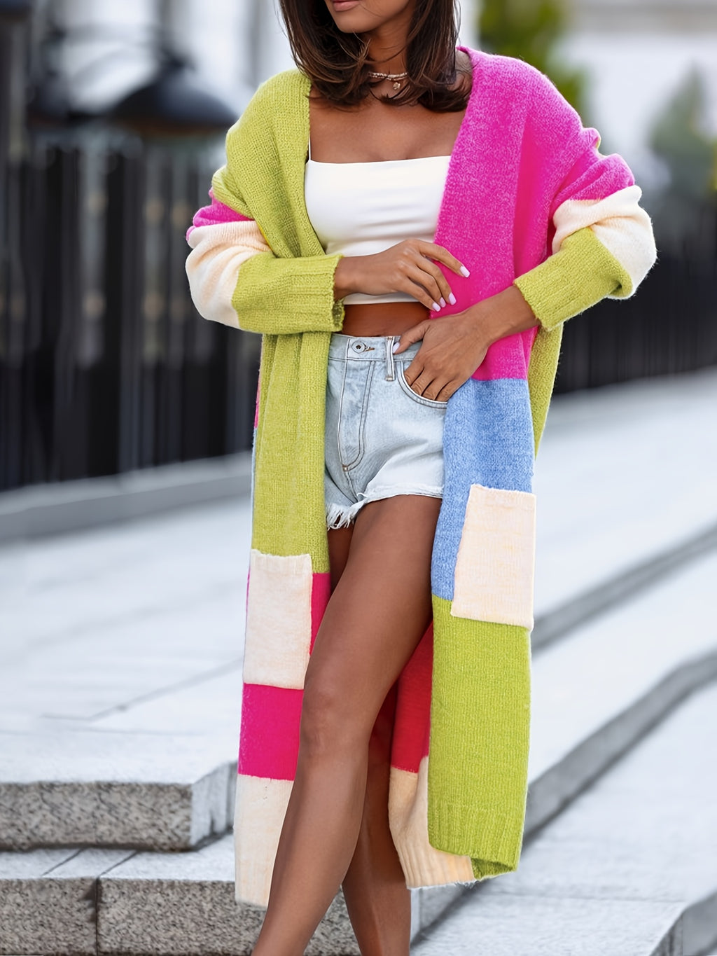 Women's Autumn/Winter Long Sleeve Color Block Patchwork Loose Fit Fashionable Commuter Outfit, Age-Reducing Versatile Cardigan Sweater with Pockets, Long Coat, Niannian - Asparagus Green