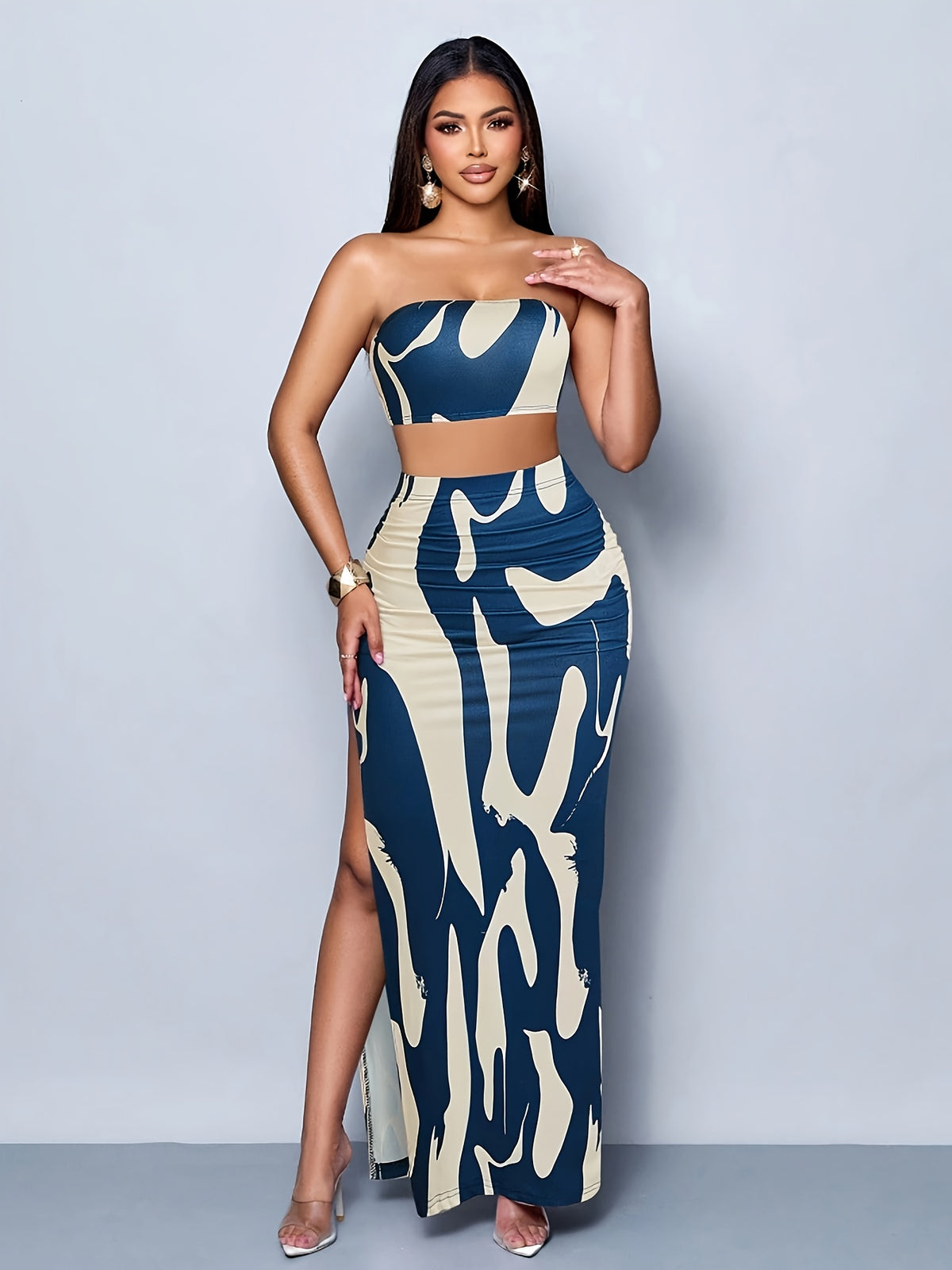 Abstract Striped Elegant Multicolor All-Over Print Sexy Slim-Fit Dress, Fashionable Strapless Long Dress Set for Parties and Festivals - Mixed colors