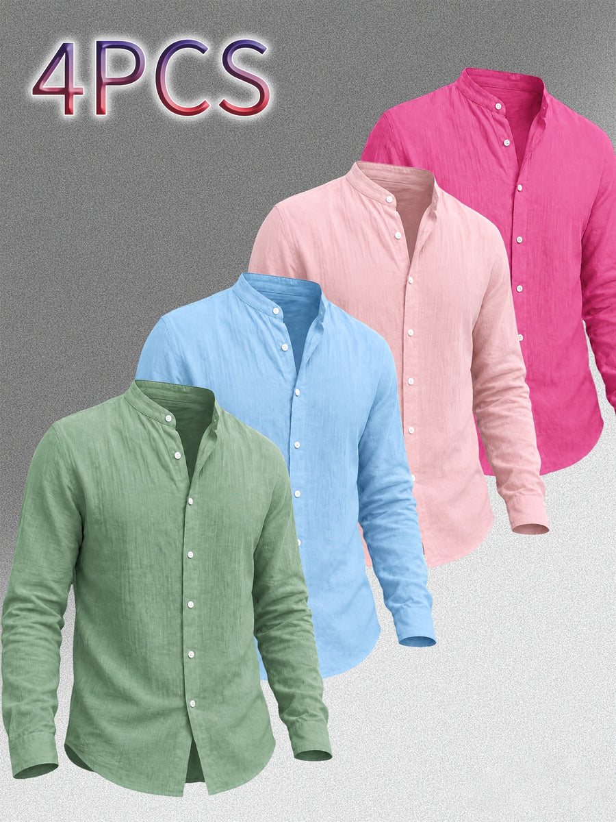 Zhiyu OBM Men's New Stand Collar Solid Color -Look Long Sleeve Shirt 4pcs Set, Simple Stand Collar Design, High-Quality Men's Long Sleeve Button- Shirt for Spring, Autumn, and Winter - Suitable for Outdoor Leisure, Vacation, Travel, and Formal Wear - Green + Sky Blue + Pink + Rose Red