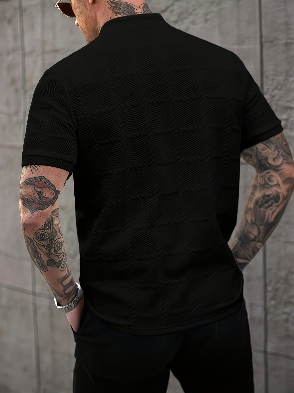 New Cross-Border Men'S Fashion Summer Casual Sports Short-Sleeved Small Stand-Up Collar Henley Shirt - Black