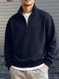 Men's Fashion Half-Zip Stand Collar Sweatshirt, Simple Red and Black Striped Logo Pattern, Autumn/Winter Casual Comfortable Versatile Sport Sweatshirt - Navy Color