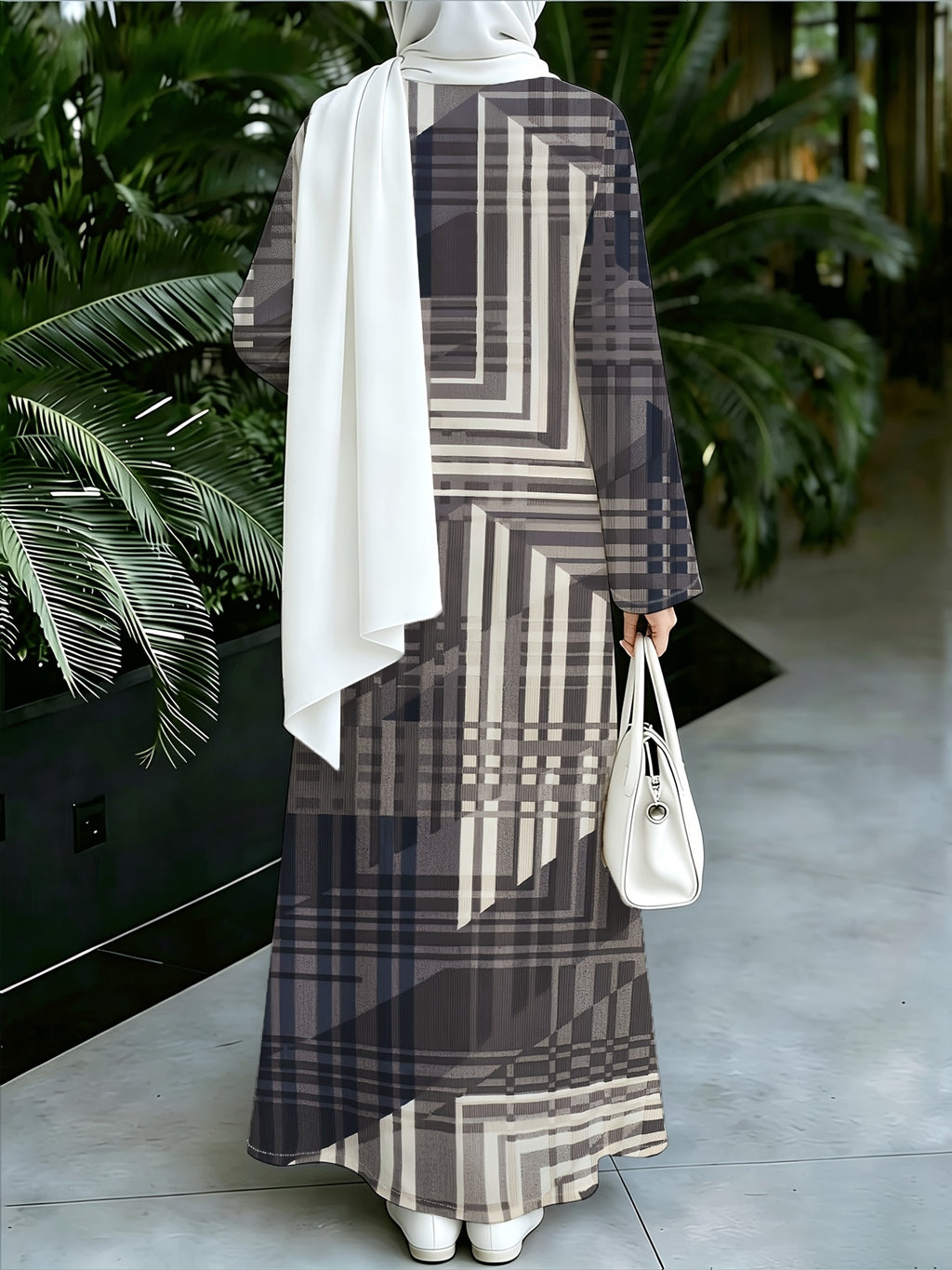 1pc 2D Flat Geometric Color Block Stripes Muslim Dress Women'S Loose-Fitting Long-Sleeved Printed Robe - Daily Commuting & Home Wear - Eid Festival Attire Abayas - Coffee Color