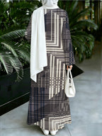 1pc 2D Flat Geometric Color Block Stripes Muslim Dress Women'S Loose-Fitting Long-Sleeved Printed Robe - Daily Commuting & Home Wear - Eid Festival Attire Abayas - Coffee Color