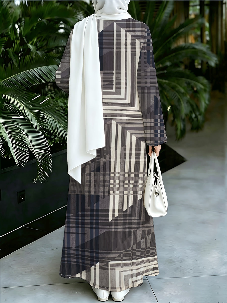1pc 2D Flat Geometric Color Block Stripes Muslim Dress Women'S Loose-Fitting Long-Sleeved Printed Robe - Daily Commuting & Home Wear - Eid Festival Attire Abayas - Coffee Color