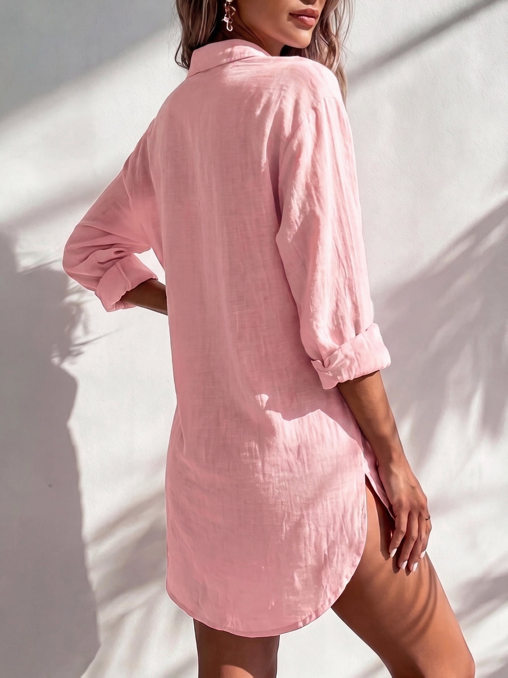Women'S Solid Color Long Sleeve Mid-Length Shirt, Casual Everyday Wear, Temperament Easy Commute Style, Straight Loose Fit, Comfortable And Breathable Fabric, Seaside Vacation, Home Comfort Wear, Spring Summer Fall Winter All-Season Women'S Shirt - Peach