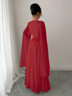 Women'S Autumn/Winter Solid Color Sequin Patchwork Tie Long Sleeve Split Chiffon Dress - Red