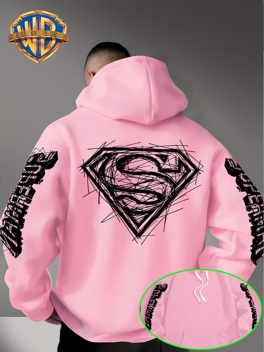 Warner Bros Official Superman Logo Print Men's Trendy Hooded Sweatshirt, Featuring Sleeve Print Design, Kangaroo Pocket, and Drawstring Hood, Suitable for Daily Wear in Autumn and Winter as Well as Outdoor Sports - a Must-have Item for Trend - Pink Color