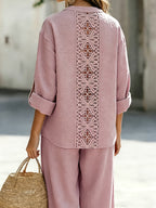 Spring/Summer Loose-Fit Shirt and Wide-Leg Pants 2pcs Set for Women, with Lace Cut-Out Back Design, a Lazy, Casual, and Commuter-Friendly Temperament Set 2A11794 - Pink Color