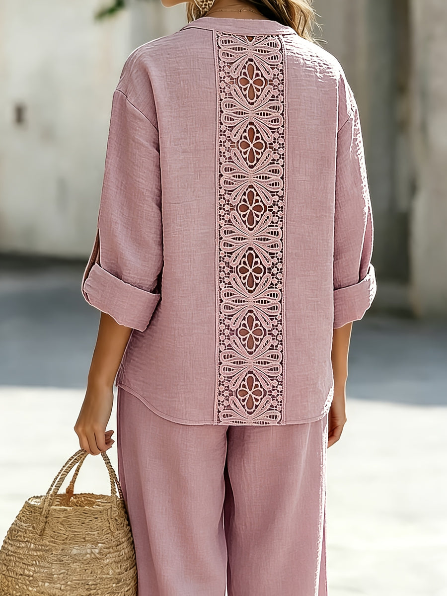 Spring/Summer Loose-Fit Shirt and Wide-Leg Pants 2pcs Set for Women, with Lace Cut-Out Back Design, a Lazy, Casual, and Commuter-Friendly Temperament Set 2A11794 - Pink Color