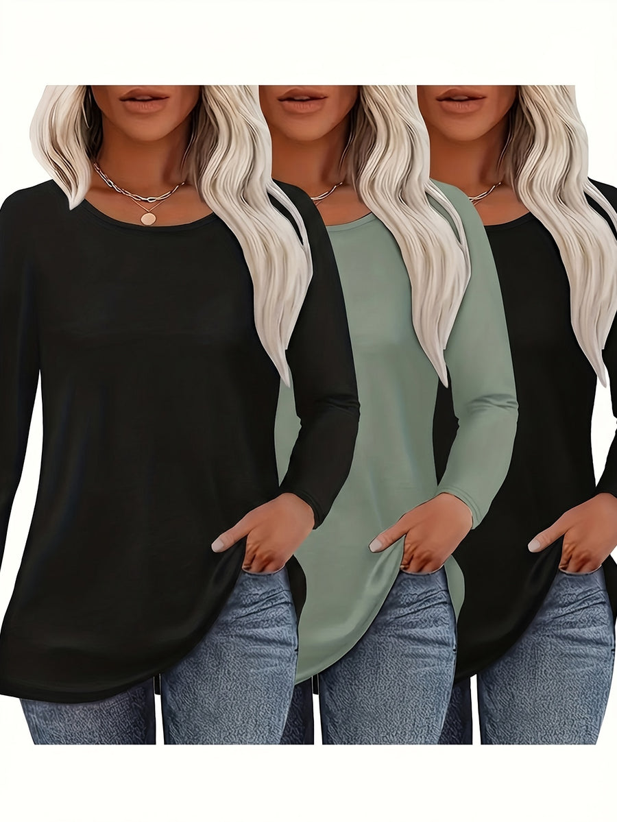 3pcs Long Sleeve Solid Color Women'S T-Shirts, Casual Holiday Outing Versatile Fall Winter Top Round Neck - 2 black + 1 green