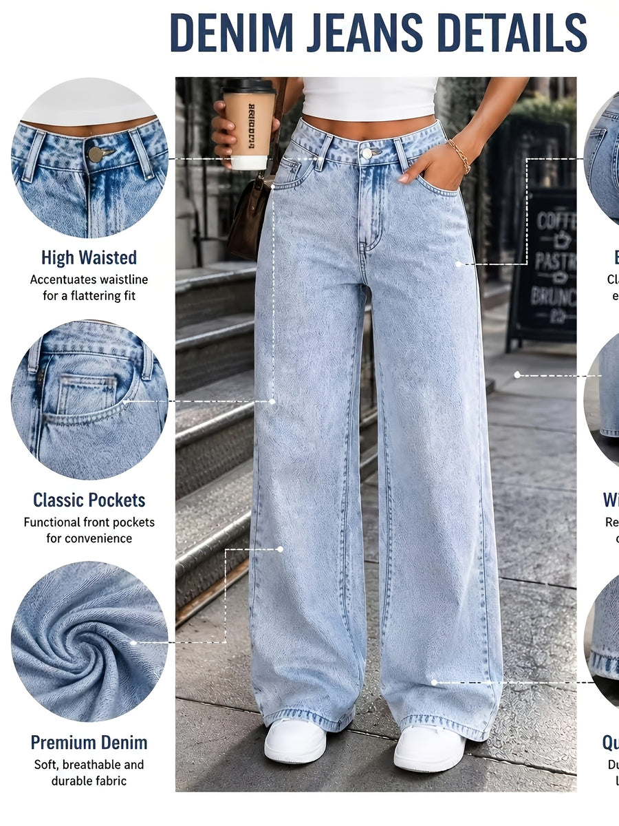 Women's Bright-Colored Stretch Loose Straight-Leg Casual Outing Trendy Denim Pants - Light Blue