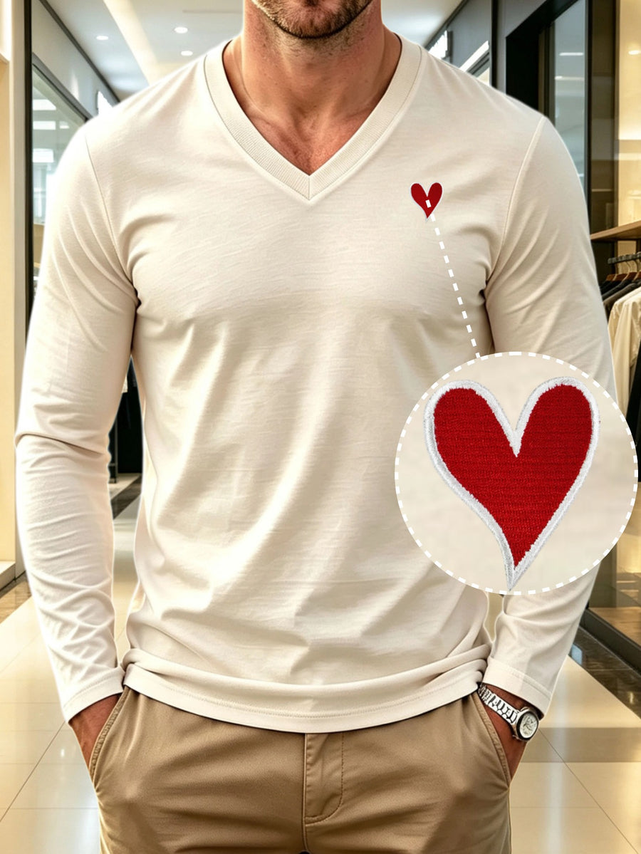 100% Cotton Men's V-Neck Long Sleeve Crewneck T-Shirt, Men's Knitted Sweatshirt, Casual Sport Outdoor Top, New Men's Casual Versatile T-Shirt, Back-to-School Season, Gift for Friends - Apricot