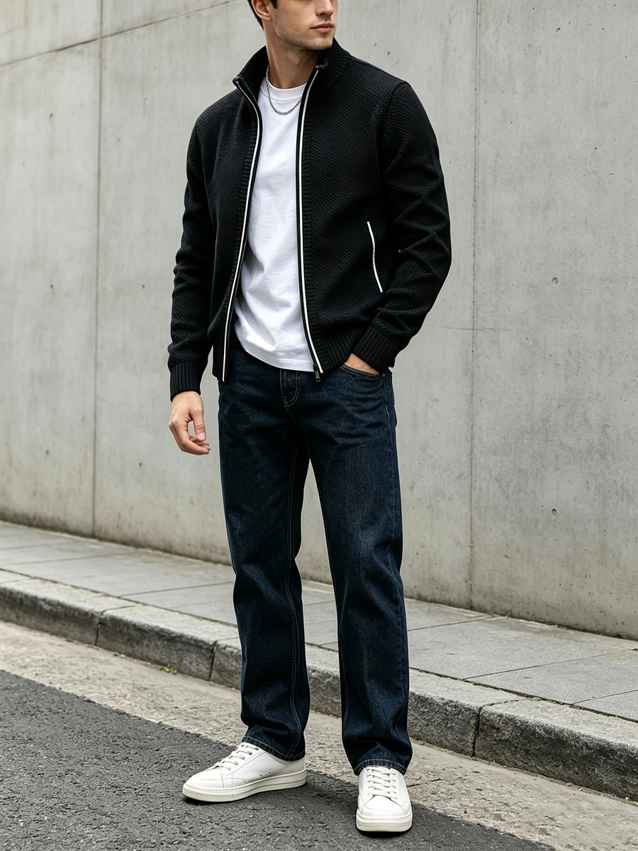 Men's Autumn and Winter Mixed Color Knitted Sweater, Comfortable and Warm, Very Durable Knitted Texture Sweater Jacket, Casual Style, Versatile for Daily Commuting Winter Clothes for Men - Black