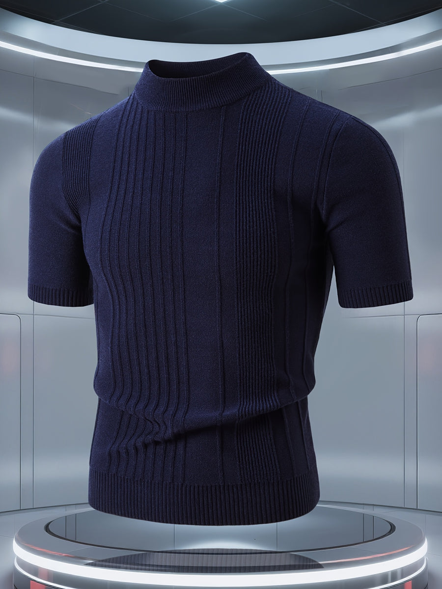 Men'S Short-Sleeved Knitted Shirt, Short-Sleeved Sweater with a Small Stand-Up Collar, T-Shirt Sweater That Can Be Worn in Spring, Autumn And Winter, Half-High Collar Short-Sleeved Knitted Sweater, Thick, Warm, Solid Color Base - Navy Color