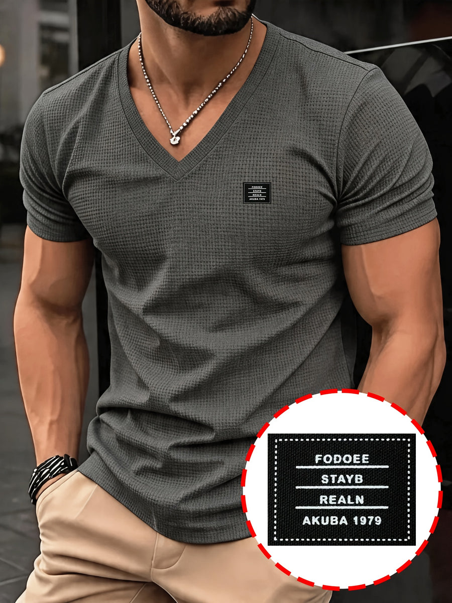 [180G 95% Polyester] Men'S Casual Waffle V-Neck Short Sleeve Top, Breathable Comfortable Chest Patch Style, Men'S Comfortable High-Quality High-Fit Rate Casual Sports T-Shirt Summer Global All Seasons Base Layer Factory Made - Dark Gray