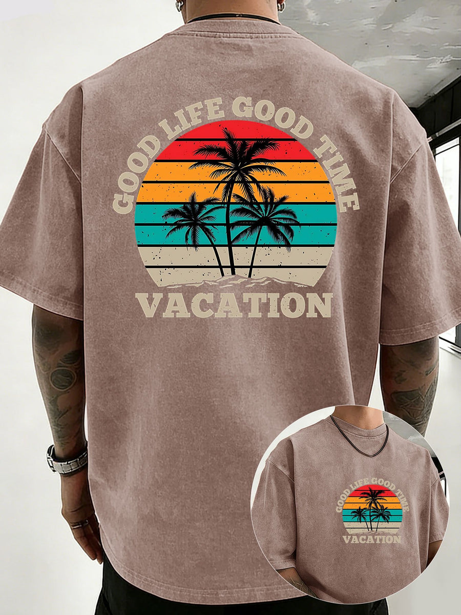 Loose Short Sleeve T-Shirt Men'S Heavyweight Pure Washed Distressed Top Trendy Double-Sided Print 12 Colors Free to Match Street Hip-Hop Style Casual Outing Sports Fitness Commuting Couple Style American Street Short Sleeve - Brown