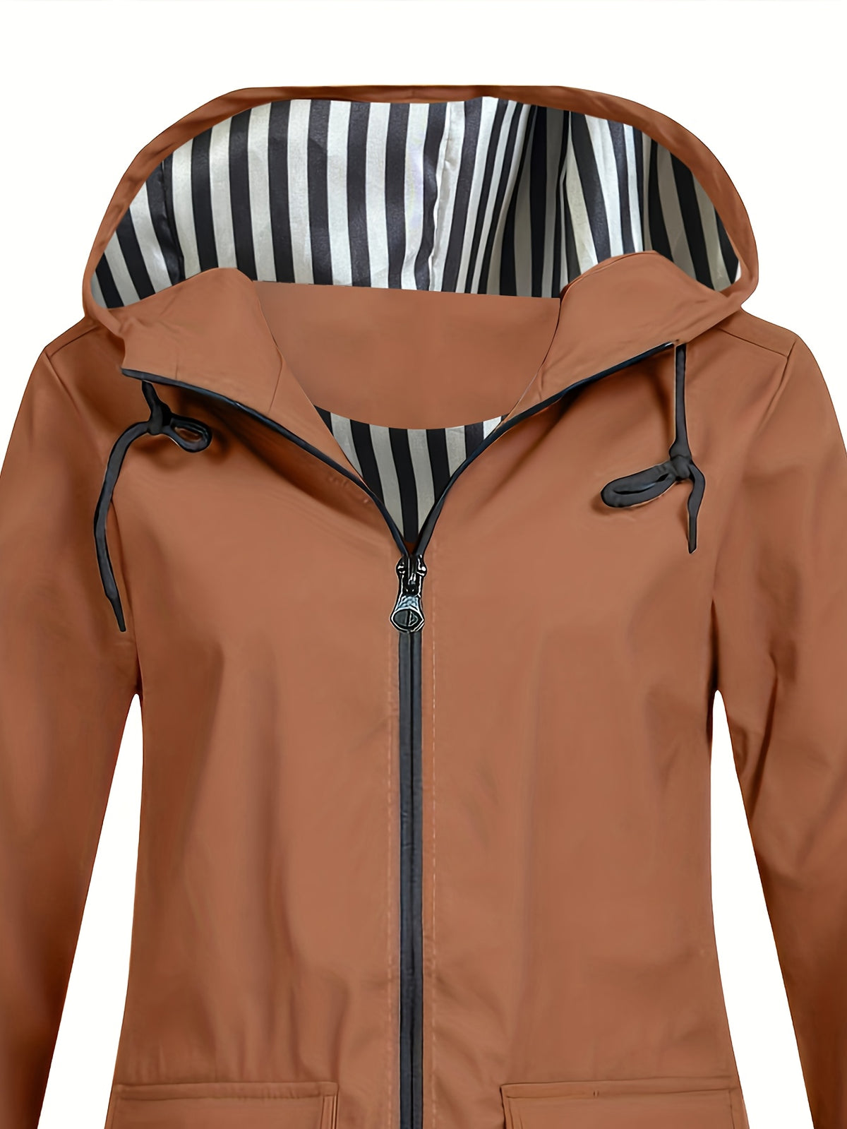 Autumn and Winter Striped Lined Hooded Windbreaker Jacket - Coffee Color