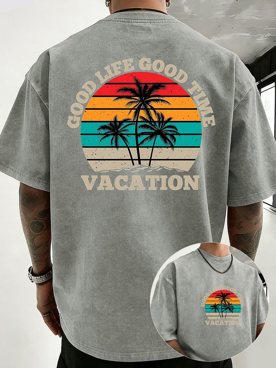 Loose Short Sleeve T-Shirt Men'S Heavyweight Pure Washed Distressed Top Trendy Double-Sided Print 12 Colors Free to Match Street Hip-Hop Style Casual Outing Sports Fitness Commuting Couple Style American Street Short Sleeve - Grey