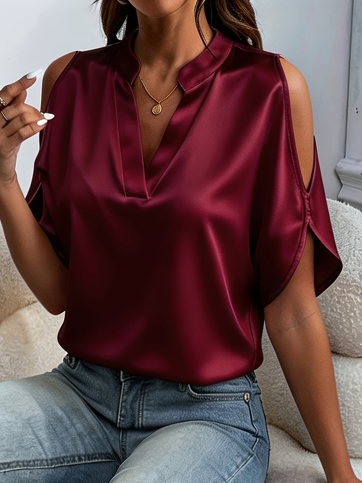 Women'S Chic Stand Collar V-Neck Cold Shoulder Short Sleeve Top - Satin Texture, Ideal for Mother'S Day & Independence Day Commute, Suitable for Spring & Summer Casual & Date Looks, Luxury Style Outfit - Red