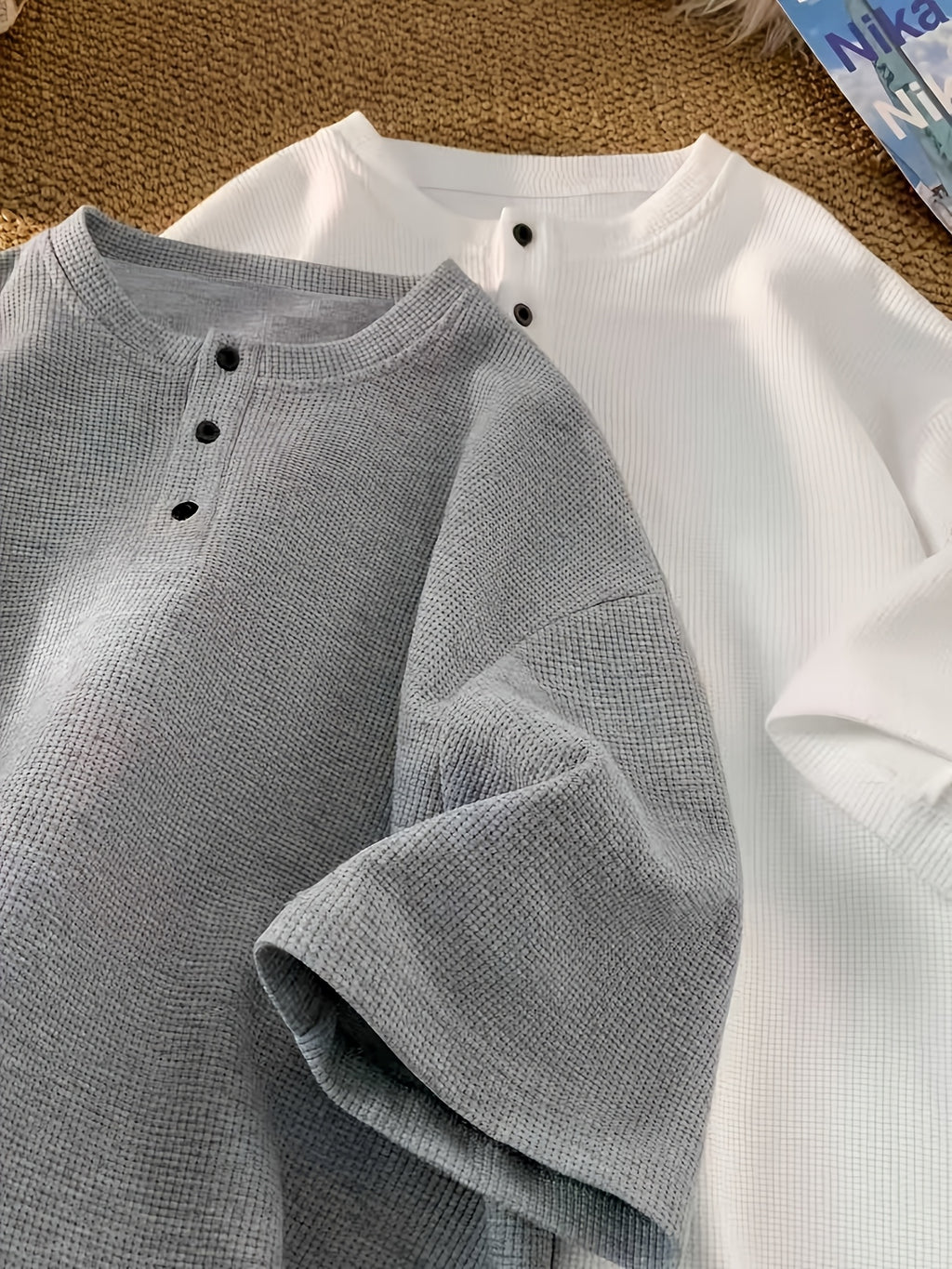 2-pc Men'S Waffle-Knit Henley T-Shirts, 3-Button Crew Neck, Loose Fit Clean Fit Streetwear Summer Short Sleeve Tops - White+gray