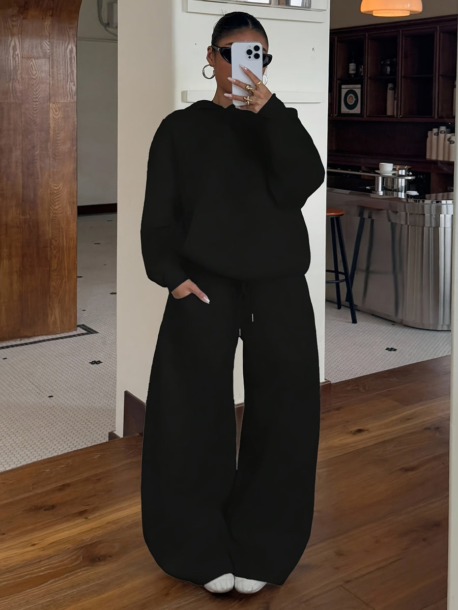 Women'S Fall Winter Athletic Sweatshirt And Long Pants Set, Top Loose Hooded Design, Bottom Loose Athletic Pants with Elastic Drawstring Waistband, Suitable for Outdoor Running, Gym Training, And Casual Home Wear, Comfortable And Non-Restrictive - Black
