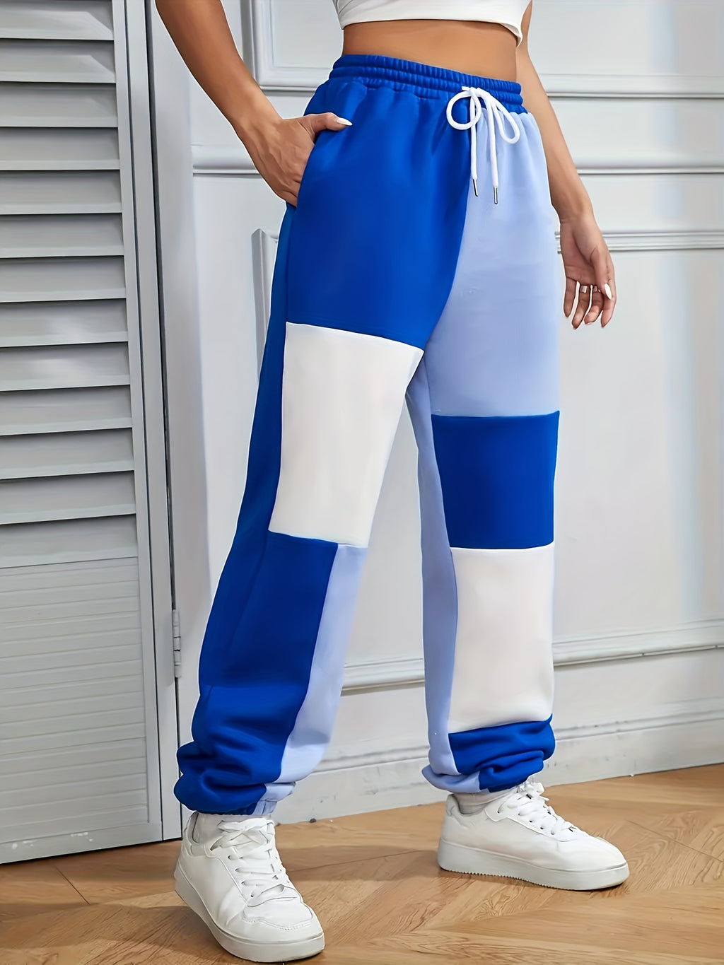 Plus Size, August 26th -developed Plus-size Color-blocked Wide-leg Pocket Casual Jogger Pants - Blue