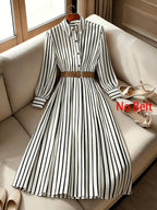 Women's Vertical Striped Shirt Midi Dress with Collar & Waistband - Button-Front A-Line Dress Suitable for Office, Business Casual, Travel | -Compatible for Style | Machine Washable Vertical Stripes for Commuting & Dating - Mixed colors