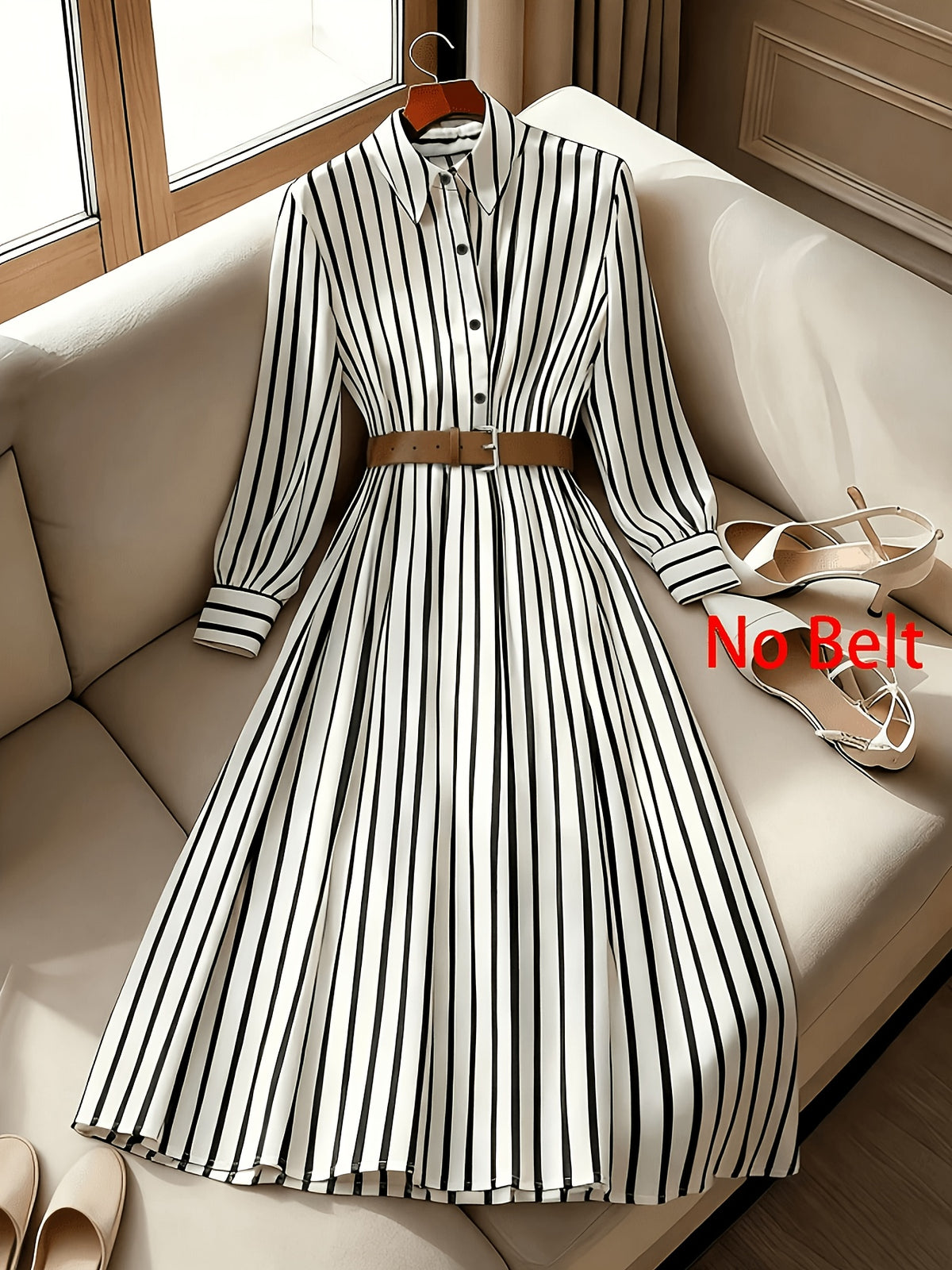 Women's Vertical Striped Shirt Midi Dress with Collar & Waistband - Button-Front A-Line Dress Suitable for Office, Business Casual, Travel | -Compatible for Style | Machine Washable Vertical Stripes for Commuting & Dating - Mixed colors