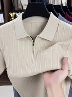 New Spring/Autumn Vertical Stripe Knit Polo Shirt for Men, Half-Zip Lapel Short Sleeve Light Luxury Stretch Casual Base Layer Top, Suitable for Daily Work Wear - Apricot