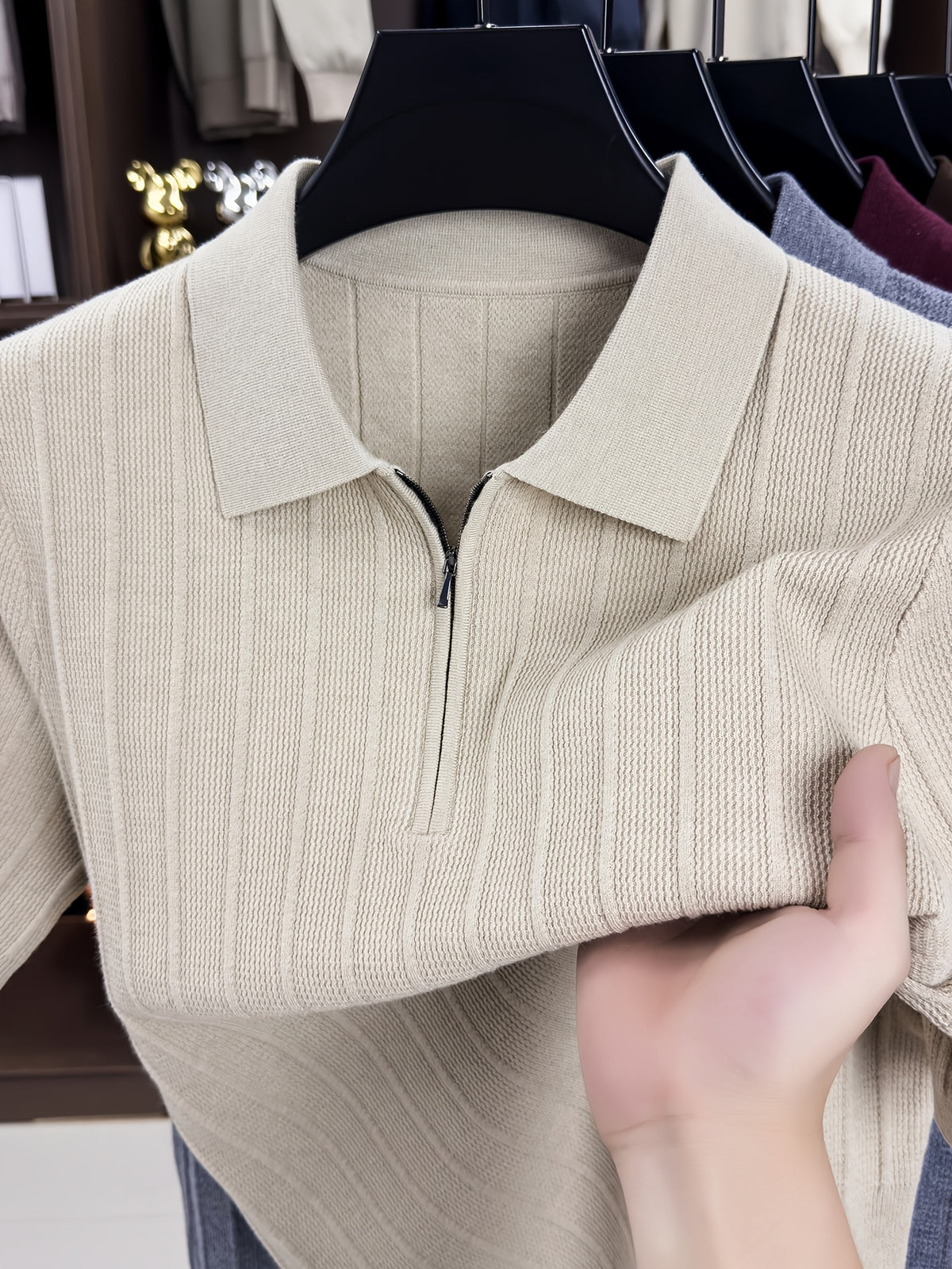 New Spring/Autumn Vertical Stripe Knit Polo Shirt for Men, Half-Zip Lapel Short Sleeve Light Luxury Stretch Casual Base Layer Top, Suitable for Daily Work Wear - Apricot