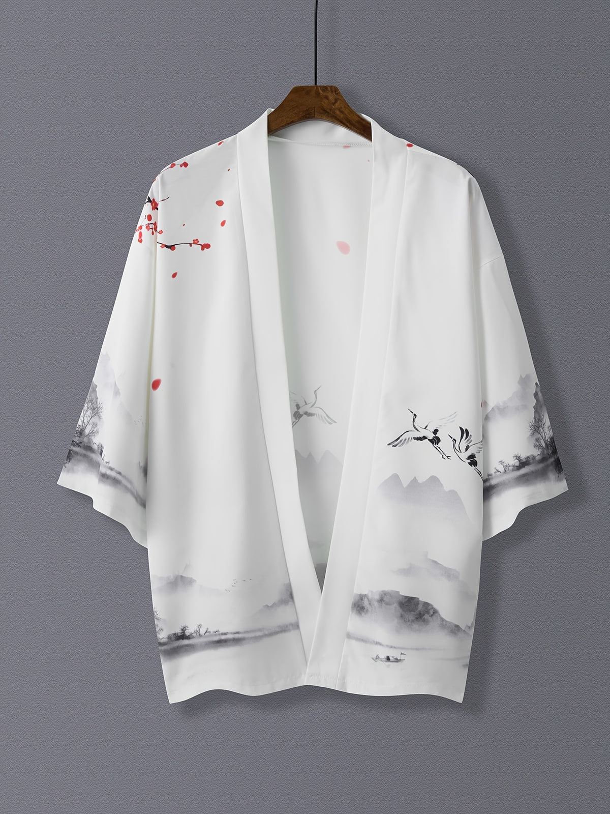 Landscape Print Open Front Kimono, Casual 3/4 Sleeve Loose Coverup Kimono, Women's Clothing - White