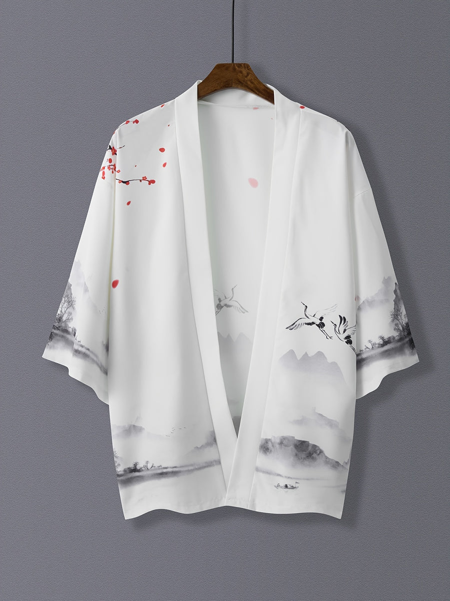 Landscape Print Open Front Kimono, Casual 3/4 Sleeve Loose Coverup Kimono, Women's Clothing - White