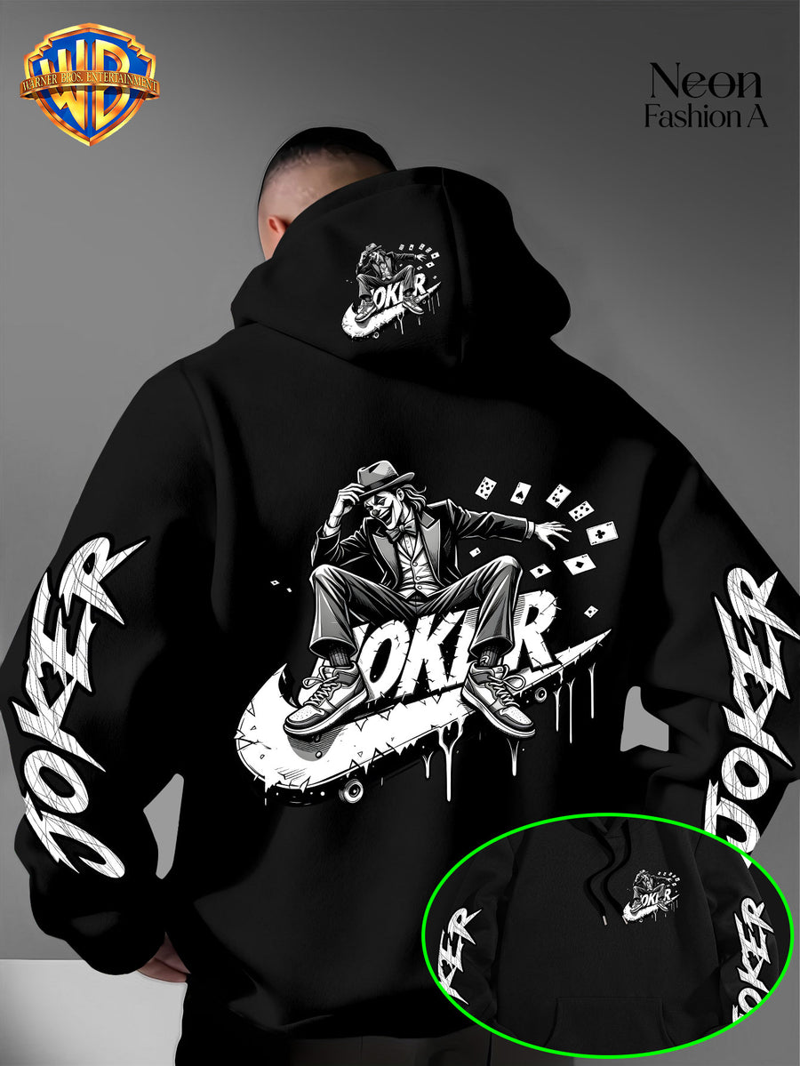 Warner Bros. Official Men'S Autumn Winter Trendy Print Hooded Fleece Sweatshirt, Long Sleeve Pullover Hoodie, Black And White Line Art Skateboard Joker Dripping Graffiti Trendy Print Pattern, Kangaroo Pouch And Drawstring Design - Black