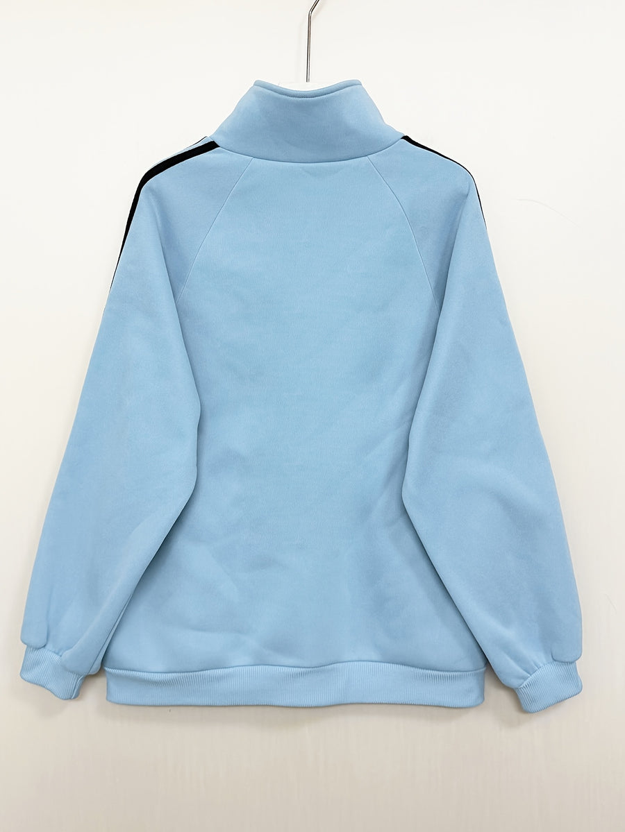 1pc Women'S And Men'S Jacket with Chinese Retro Stand Collar And Striped Patchwork Design - Front Zipper And Tie-Up Closure, Suitable for Parties, Daily Commute, And Casual Wear - Fashionable Retro Warm Outerwear, Light Board - Blue